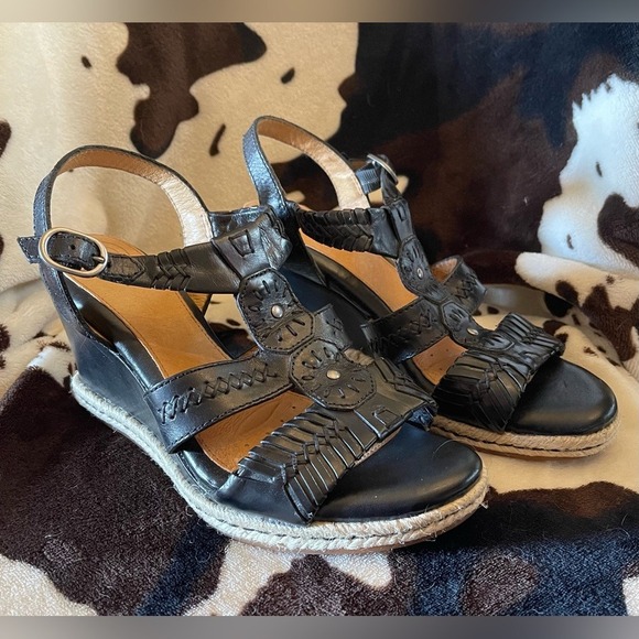 Nurture Wedge Sandals Black Leather Ankle Strap‎ Espadrille Platform Shoes - Picture 1 of 7